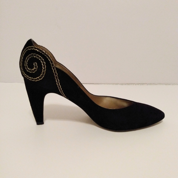 Proxy Black Gold Embellished Faux Suede Point Toe Evening Pump 3 1/2" Heels 9 M - Picture 4 of 9